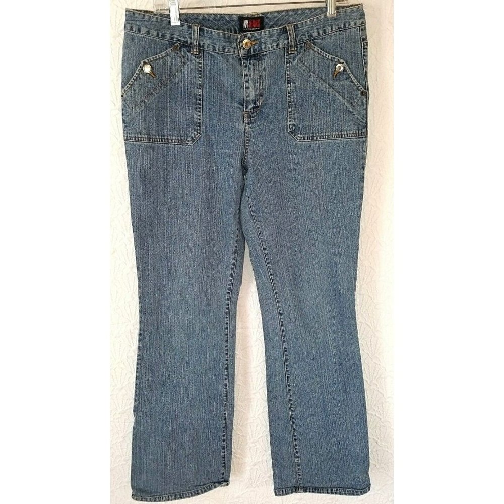 Blue denim jeans sz 12 mid rise straight leg light wash cotton stretch 32 inseam